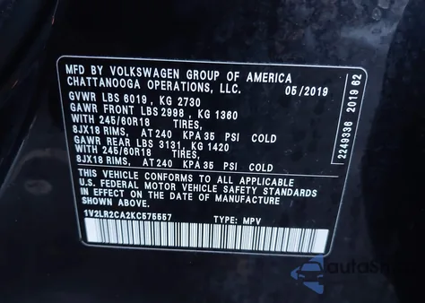 2019 Volkswagen Atlas 3.6L V6 Se from USA, damaged, VIN 1V2LR2CA2KC575557